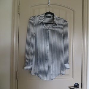 Gray and White Striped Long Sleeved Shirt Blouse